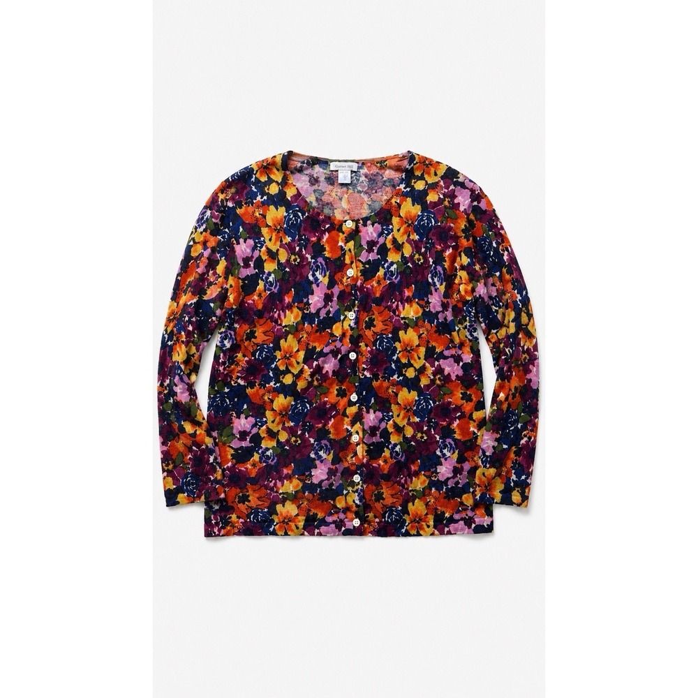 Garnet Hill 100% Merino Wool Floral Cardigan Women's XL Bracelet Sleeve